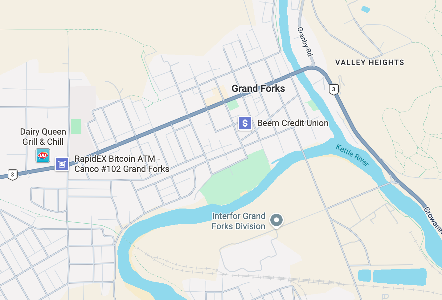 Street map of Grand Forks showing the downtown grid between Highway 3 and the bend of the Kettle River