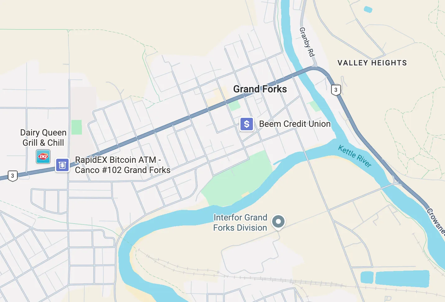 Street map of Grand Forks showing the downtown grid between Highway 3 and the bend of the Kettle River